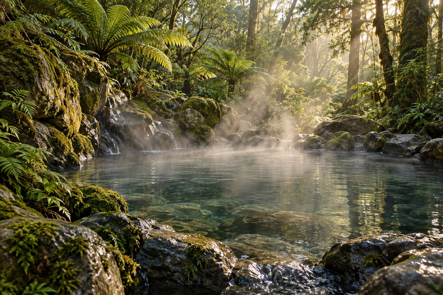 Steam drifting off a calm mineral pool at first light