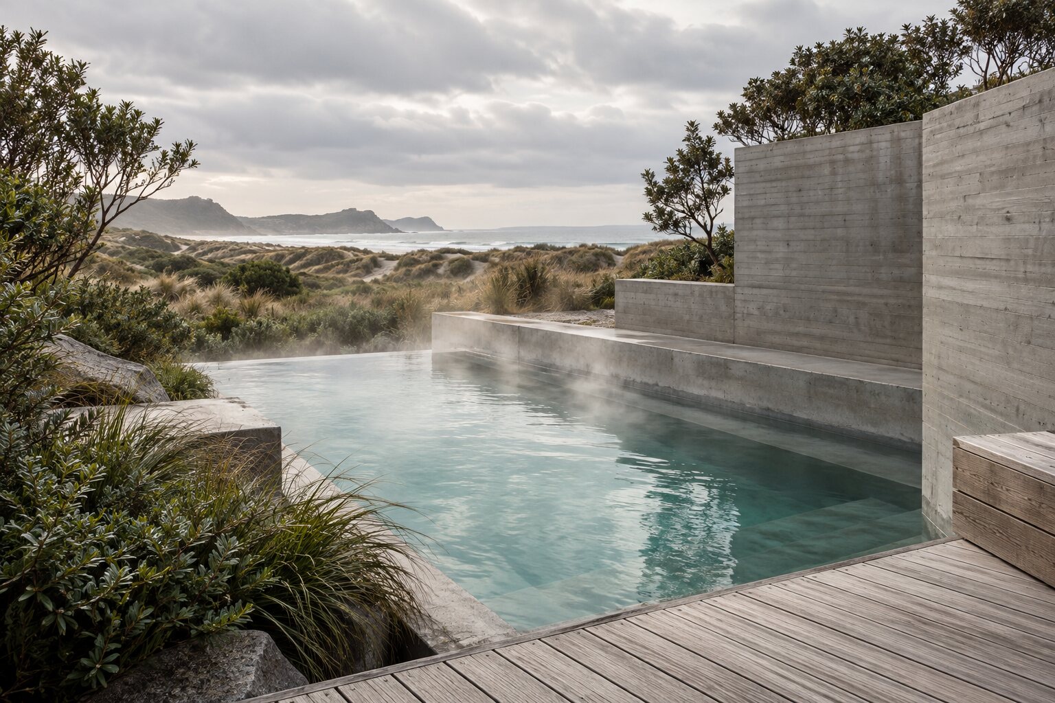 Architectural geothermal bathing pools set among dunes at Alba Thermal Springs