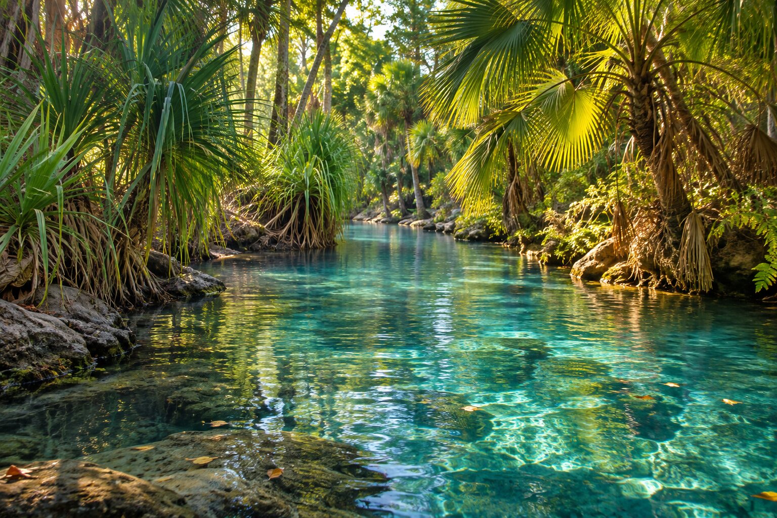 Clear aqua thermal water drifting between palms at Bitter Springs