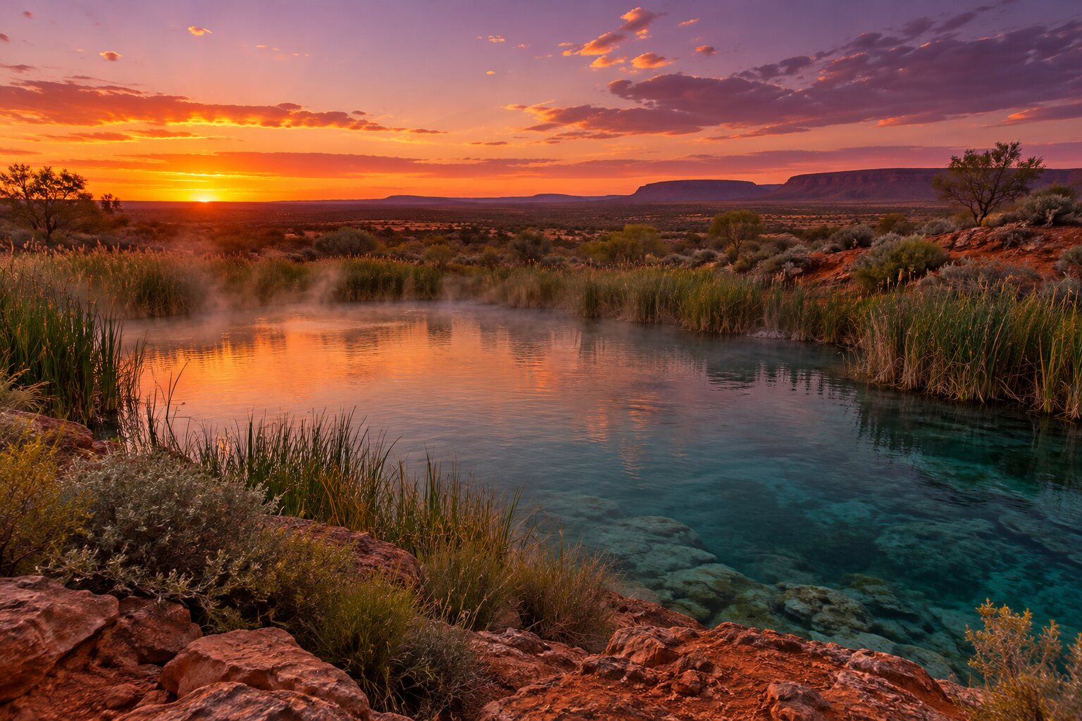 The large warm main pool at Dalhousie Springs surrounded by desert reeds at dusk