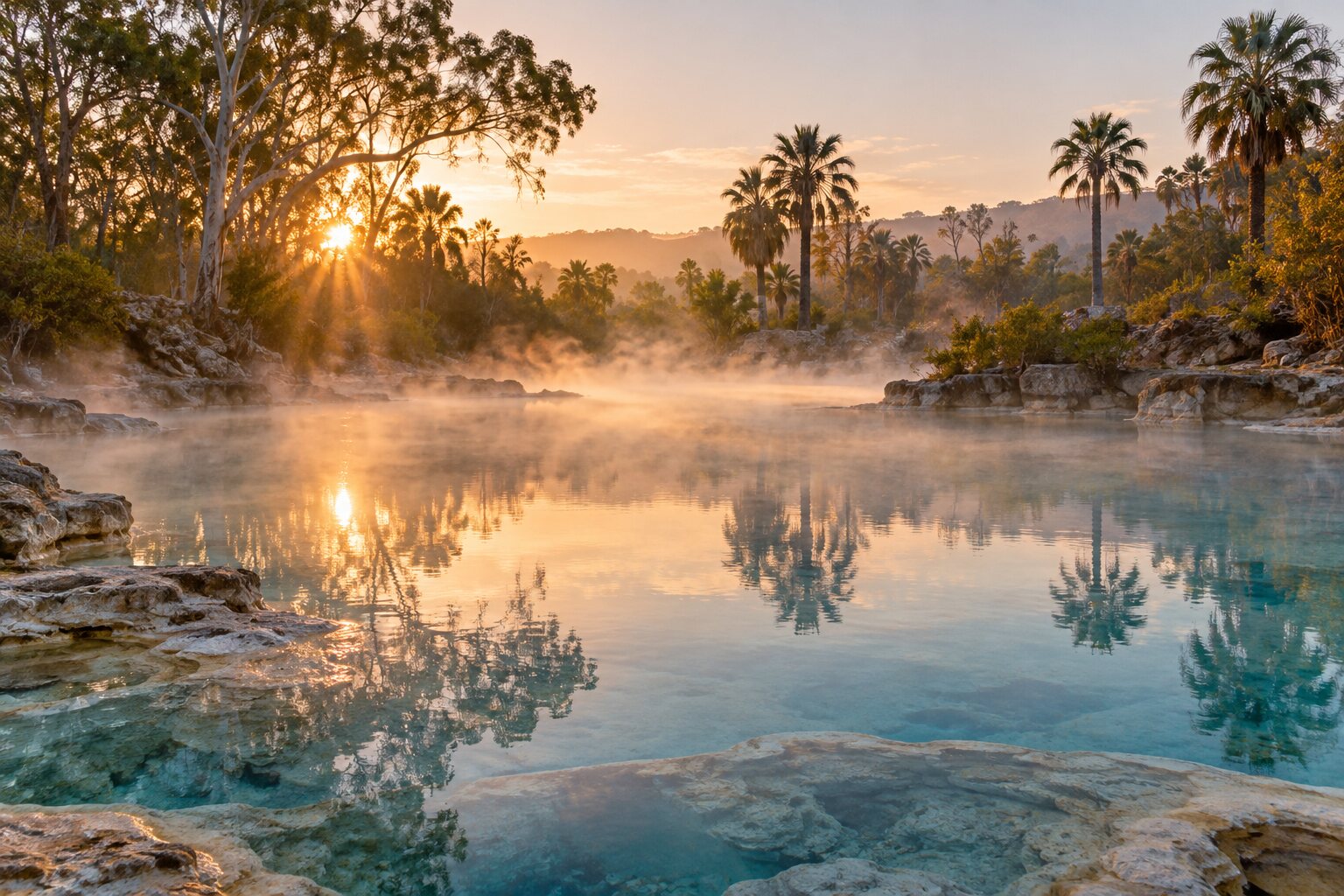 A wide mineral pool at dawn, mist on the surface and soft light through the trees