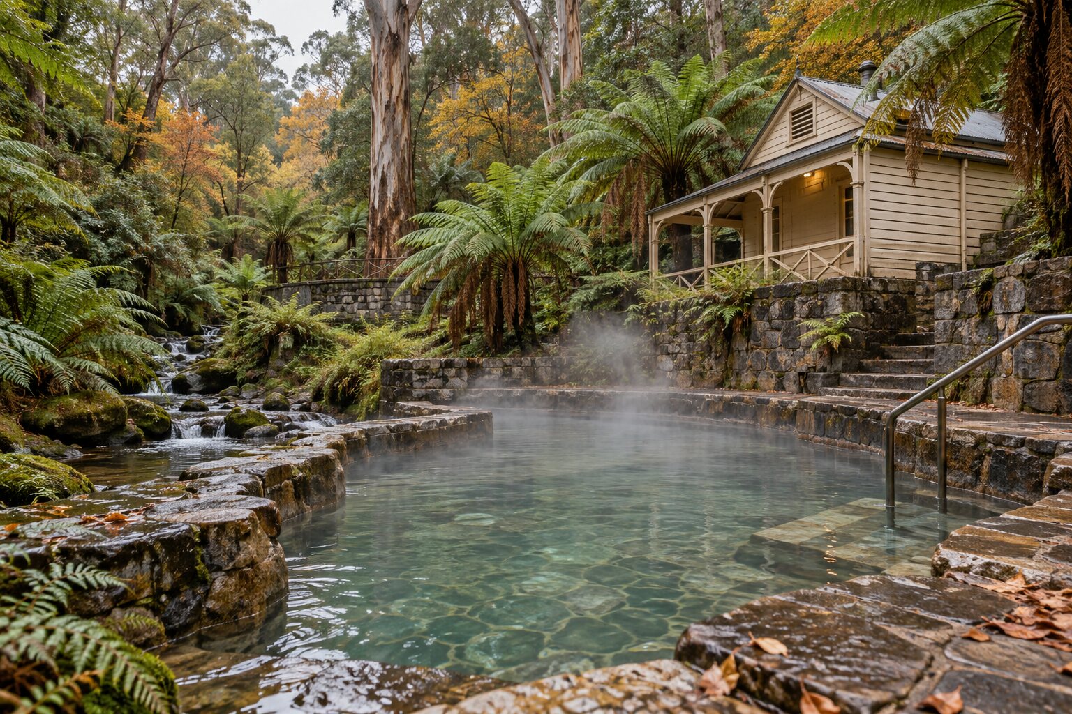 The heritage Hepburn Bathhouse building and open-air Creekside mineral pool