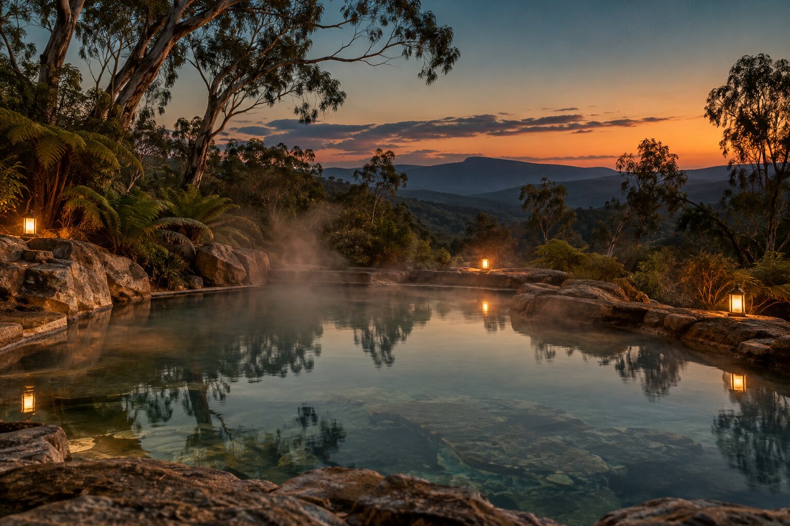 Steam drifting over a geothermal mineral pool at dusk, ringed by Australian bush