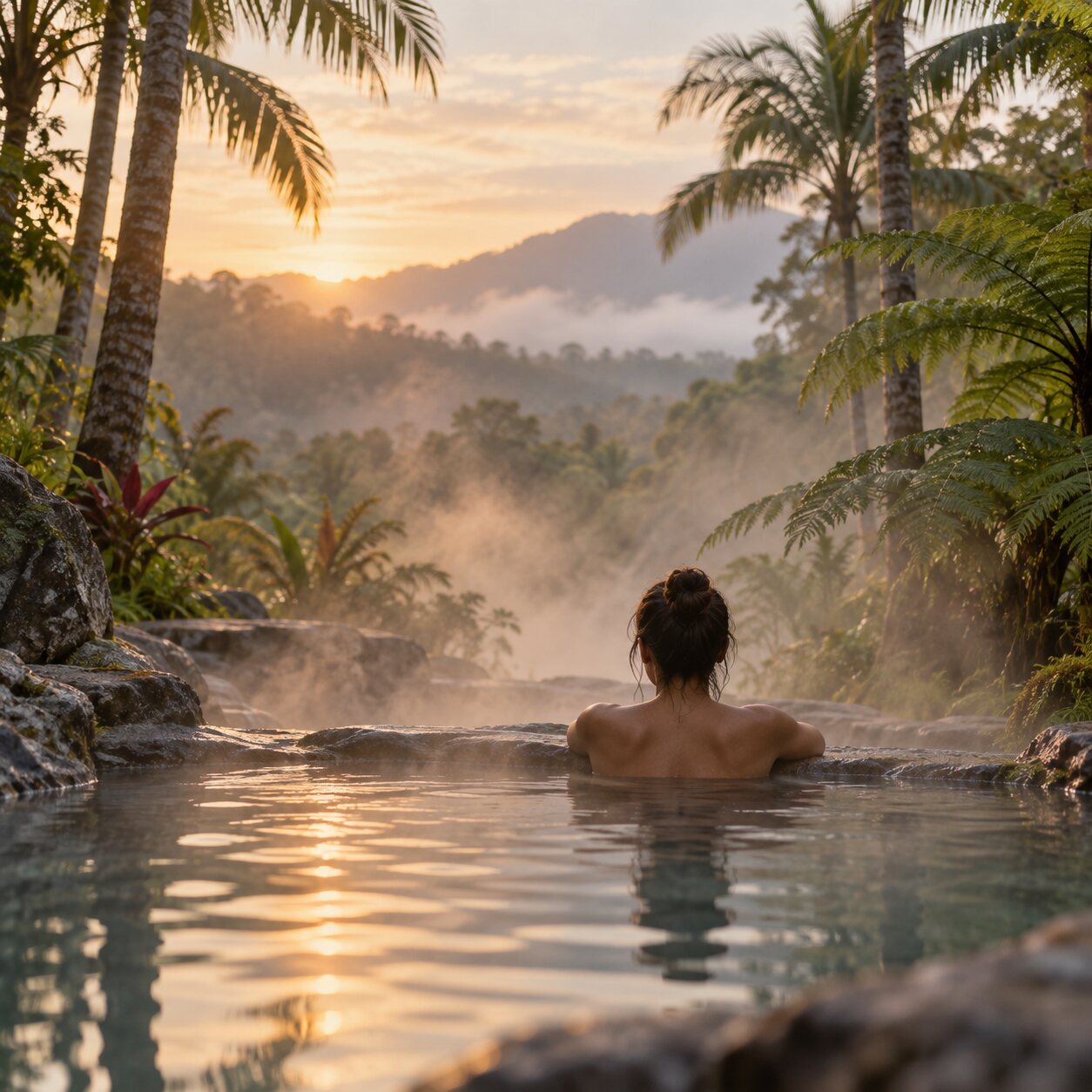 A bather resting shoulder-deep in a misty mineral pool framed by palms