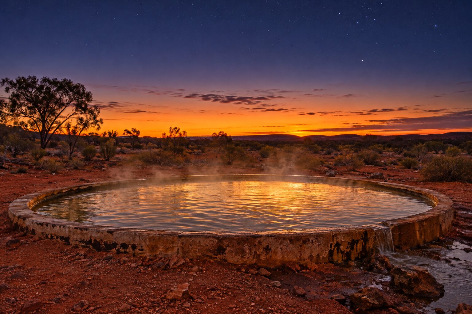 The circular open-air artesian bore baths at Lightning Ridge steaming at dusk under a wide outback sky