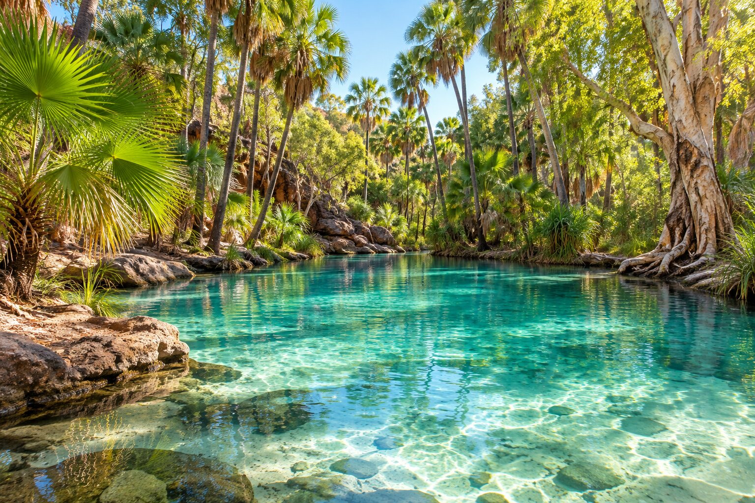 The clear turquoise Mataranka Thermal Pool ringed by tall Livistona palms