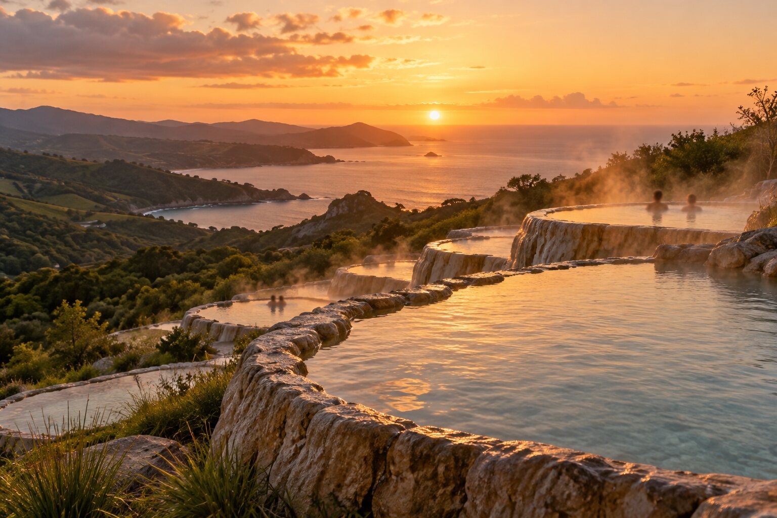The tiered amphitheatre hilltop pool at Peninsula Hot Springs with bathers at dusk