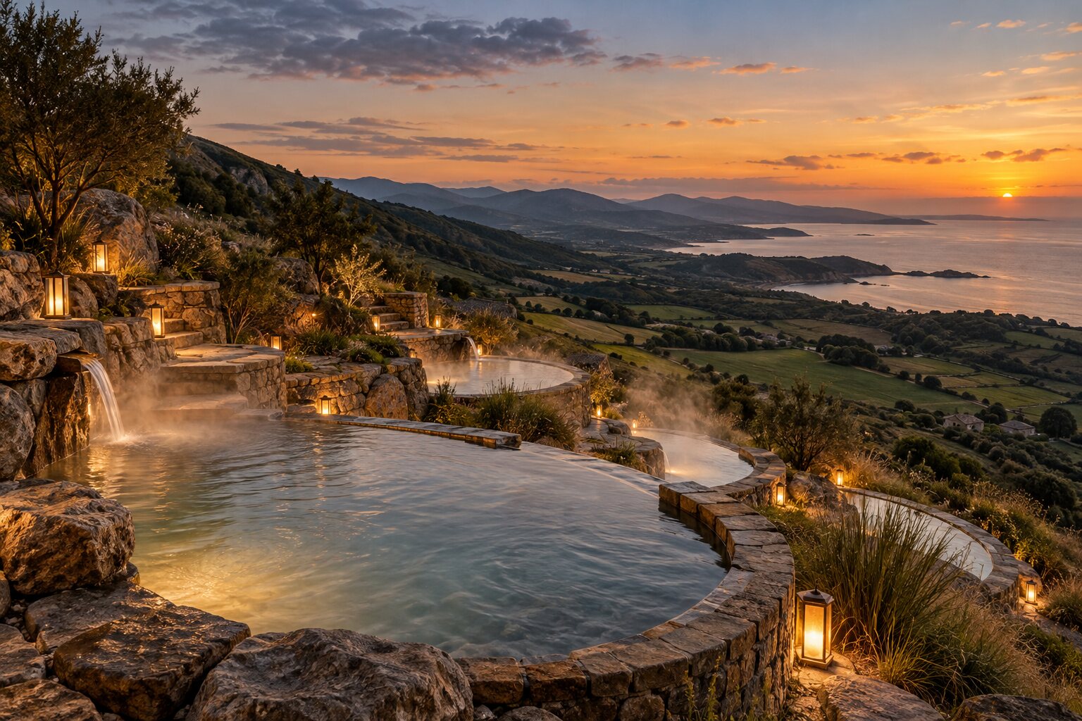 The amphitheatre hilltop pool at Peninsula Hot Springs at dusk, tiers of bathers overlooking the hinterland