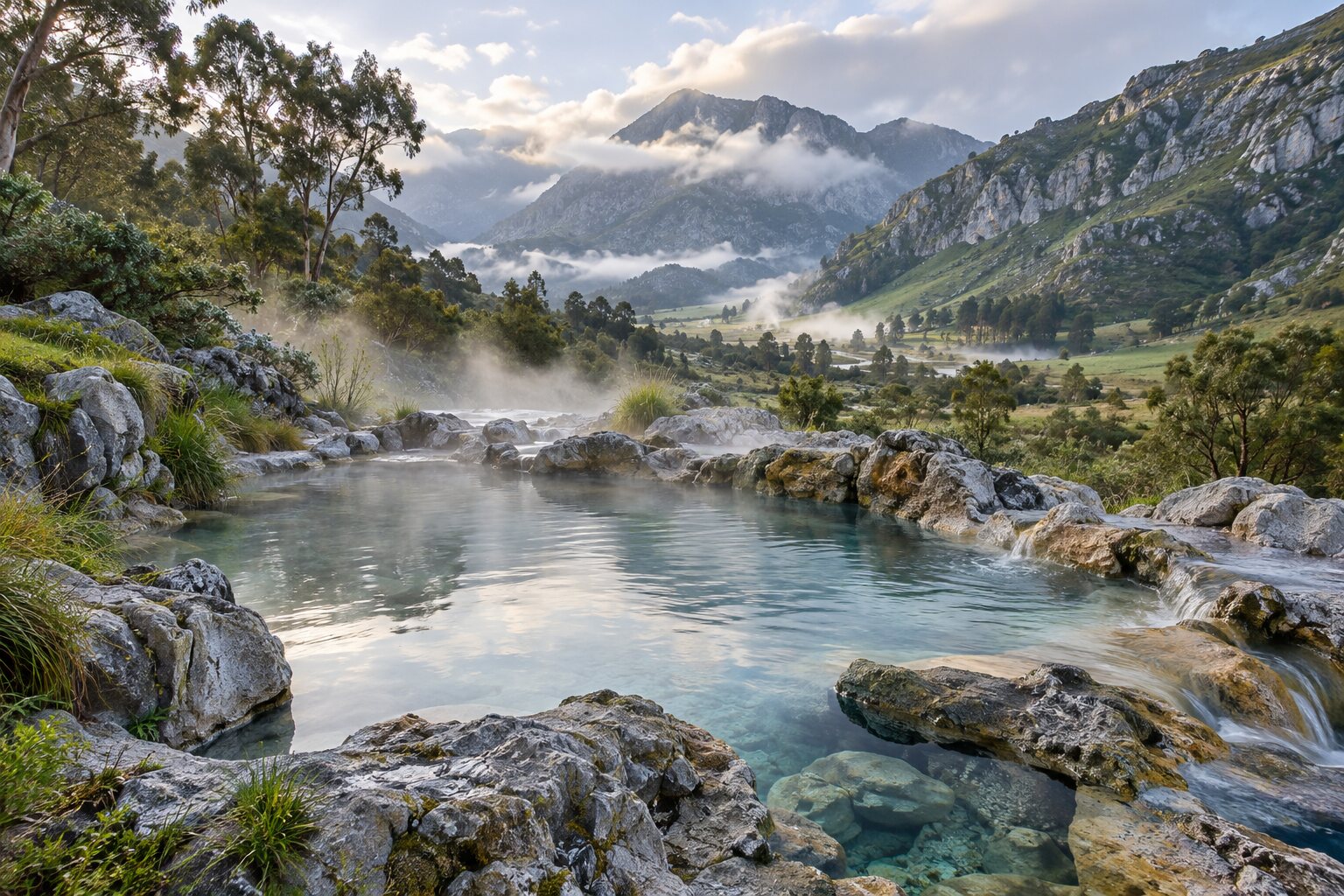Steam rising from the Yarrangobilly thermal pool in a green alpine valley