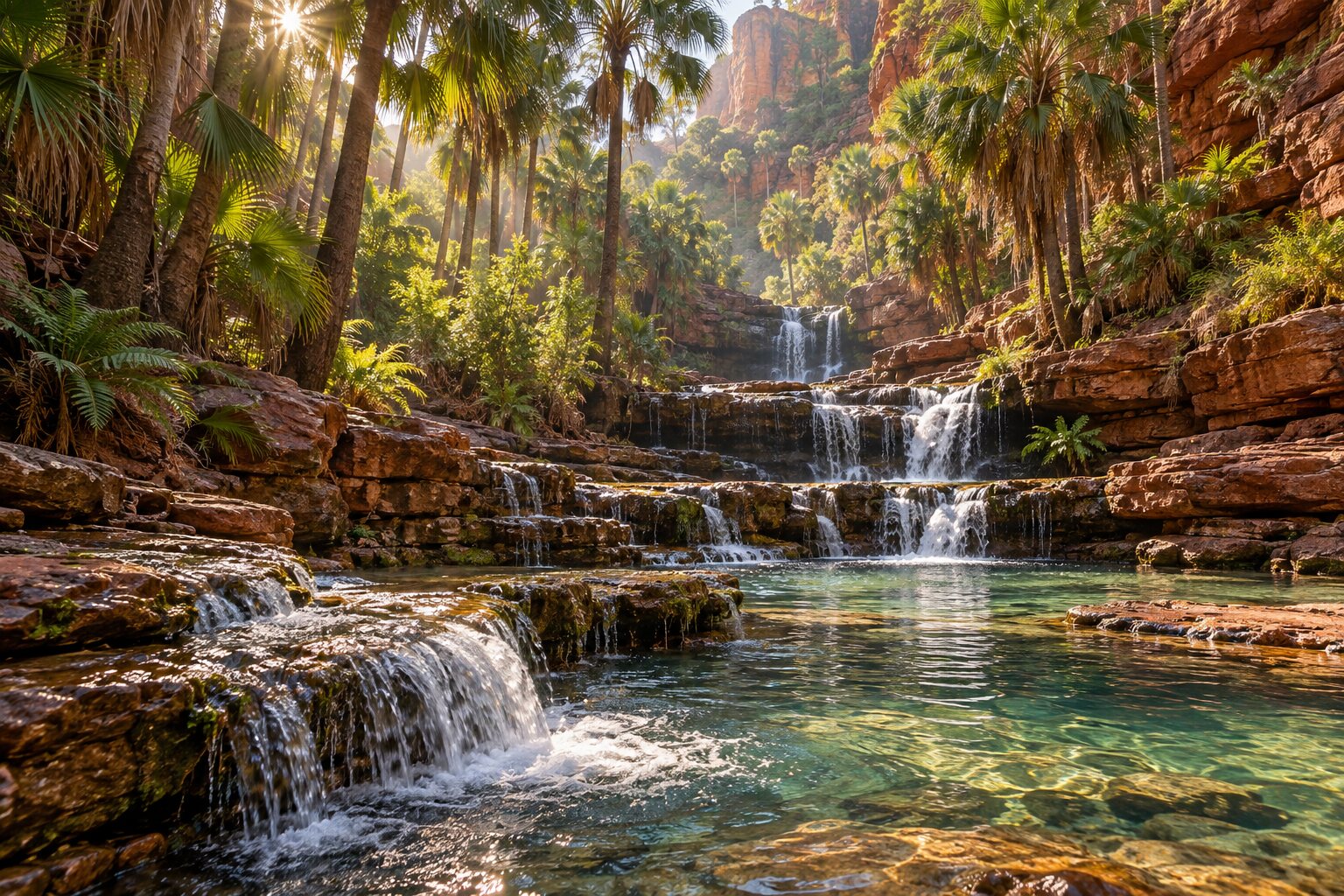 Tiered thermal rock pools and cascades under Livistona palms at Zebedee Springs